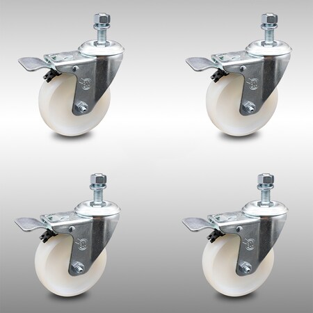 Service Caster 4 Inch SS Nylon Wheel Swivel 12mm Threaded Stem Caster Set Total Lock Brake SCC-SSTSTTL20S414-NYS-M1215-4